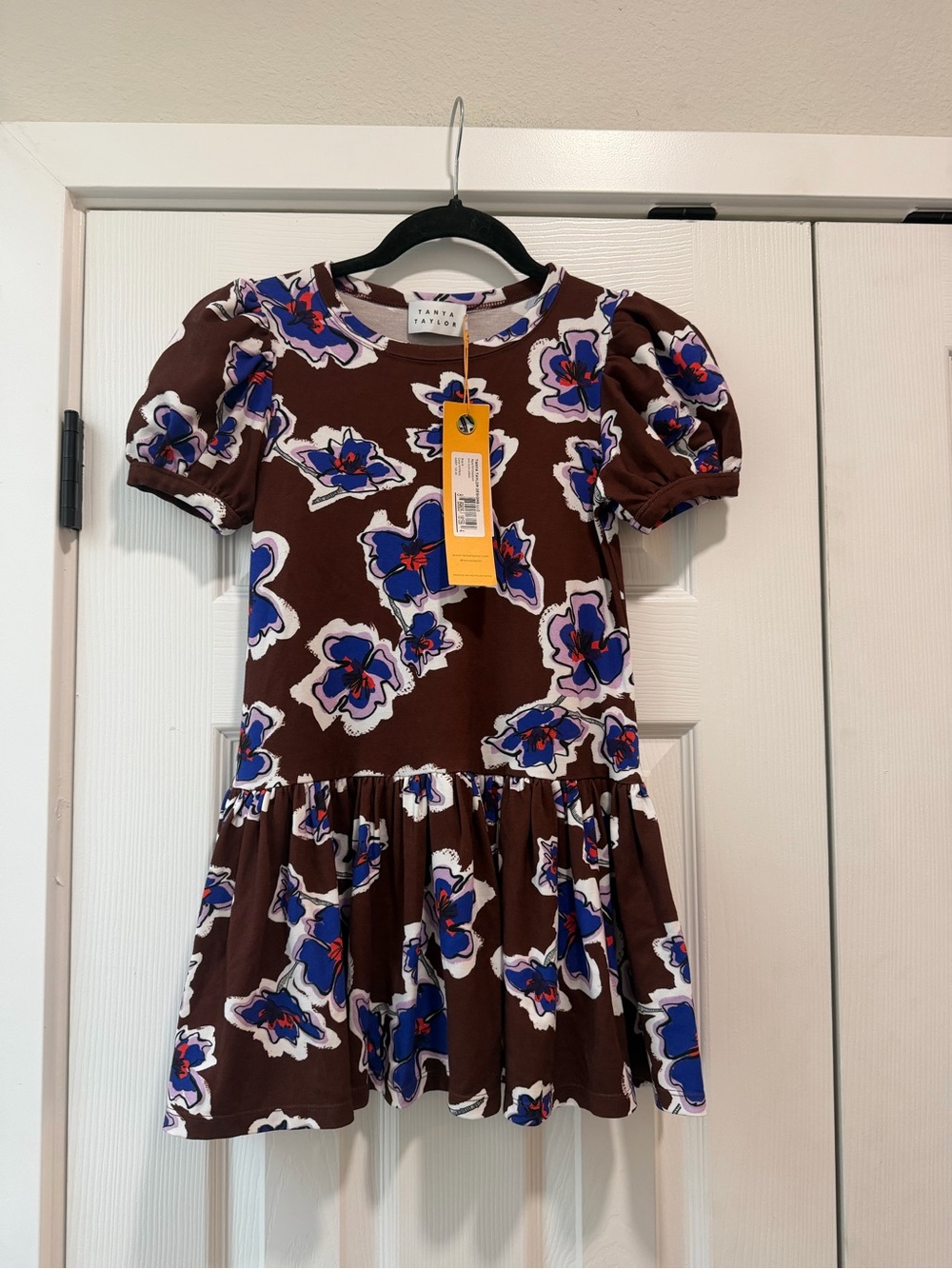 NWT Tanya Taylor Girls' Brown Floral Puff Sleeve Dress Small